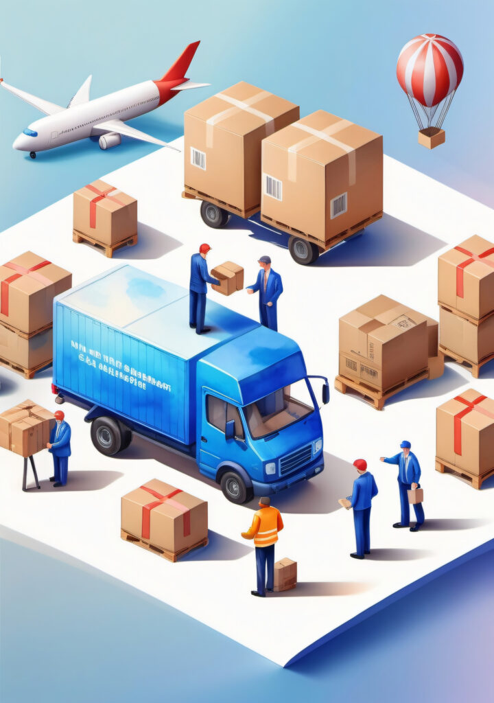 a truck with boxes and a plane in the background. generative ai